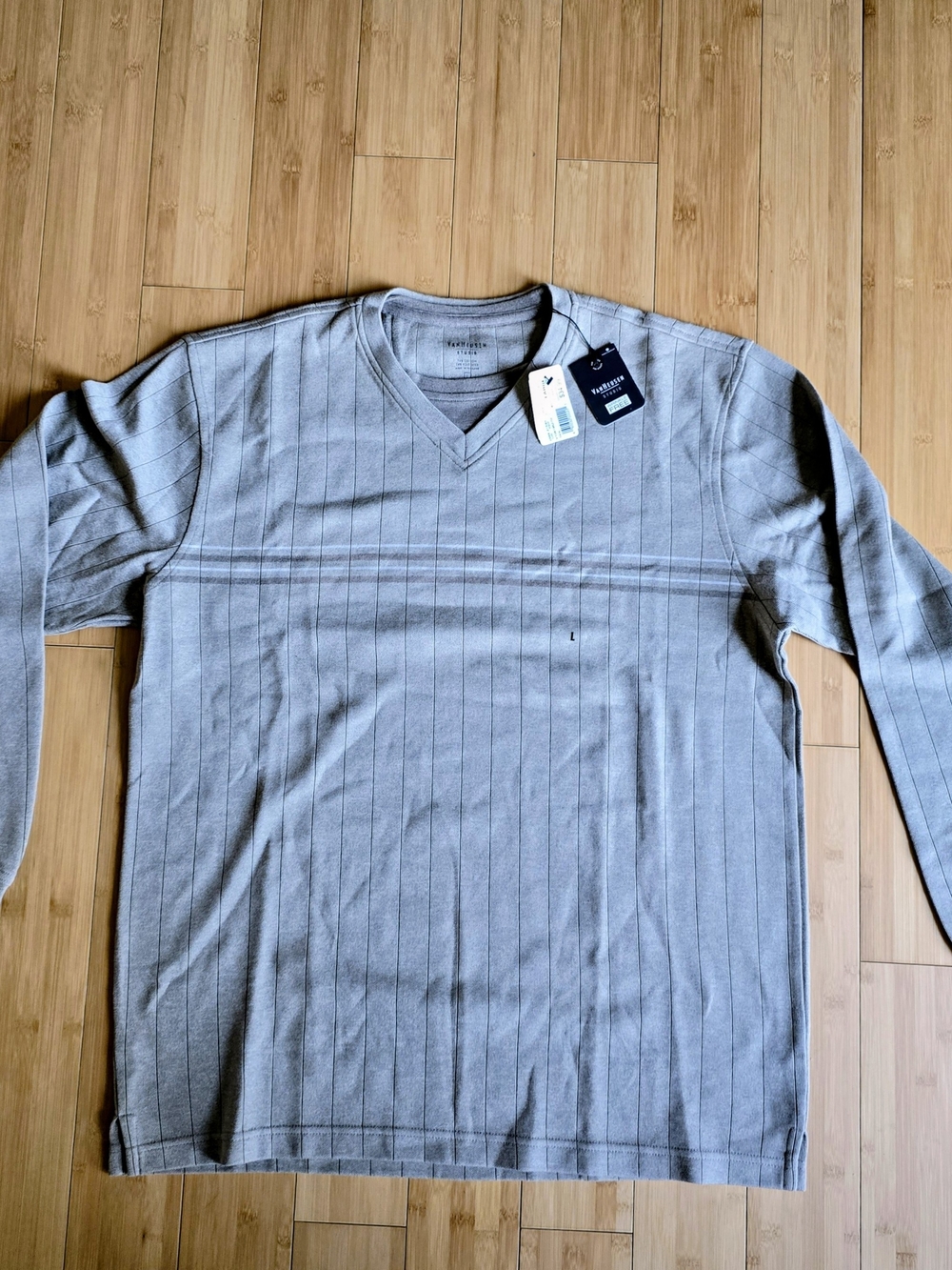 Van Heusen Men's Light Gray V-Neck Sweater - Subtle Pinstripe